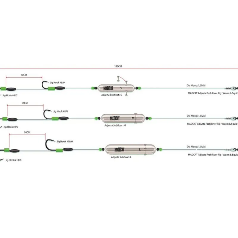 MADCAT Acc. Montage / Hameçons-Montage silure adjusta profi river rigs “worm & squid”